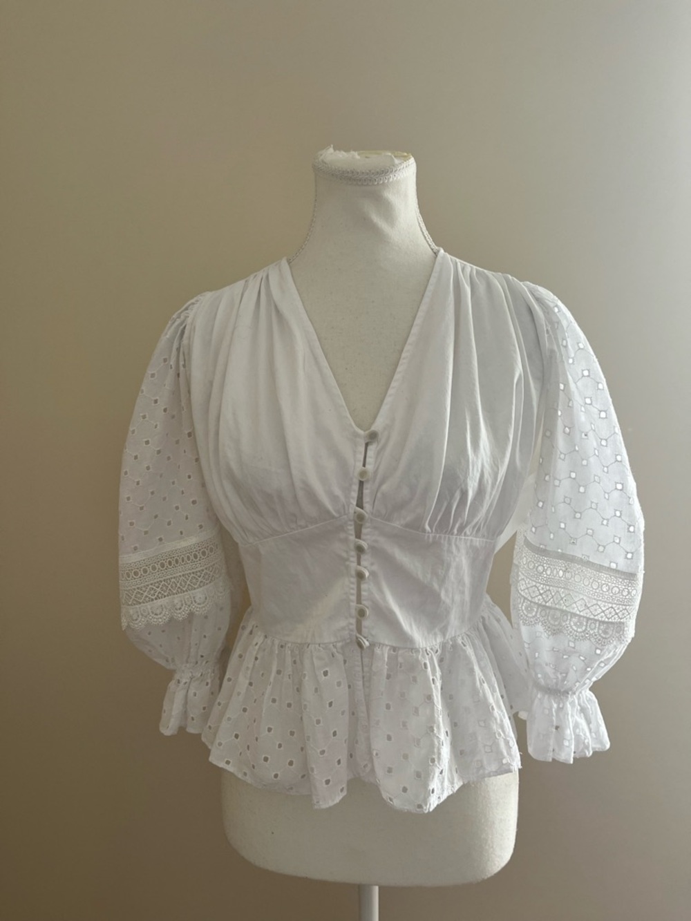 White Eyelet Peplum Button-Front Blouse